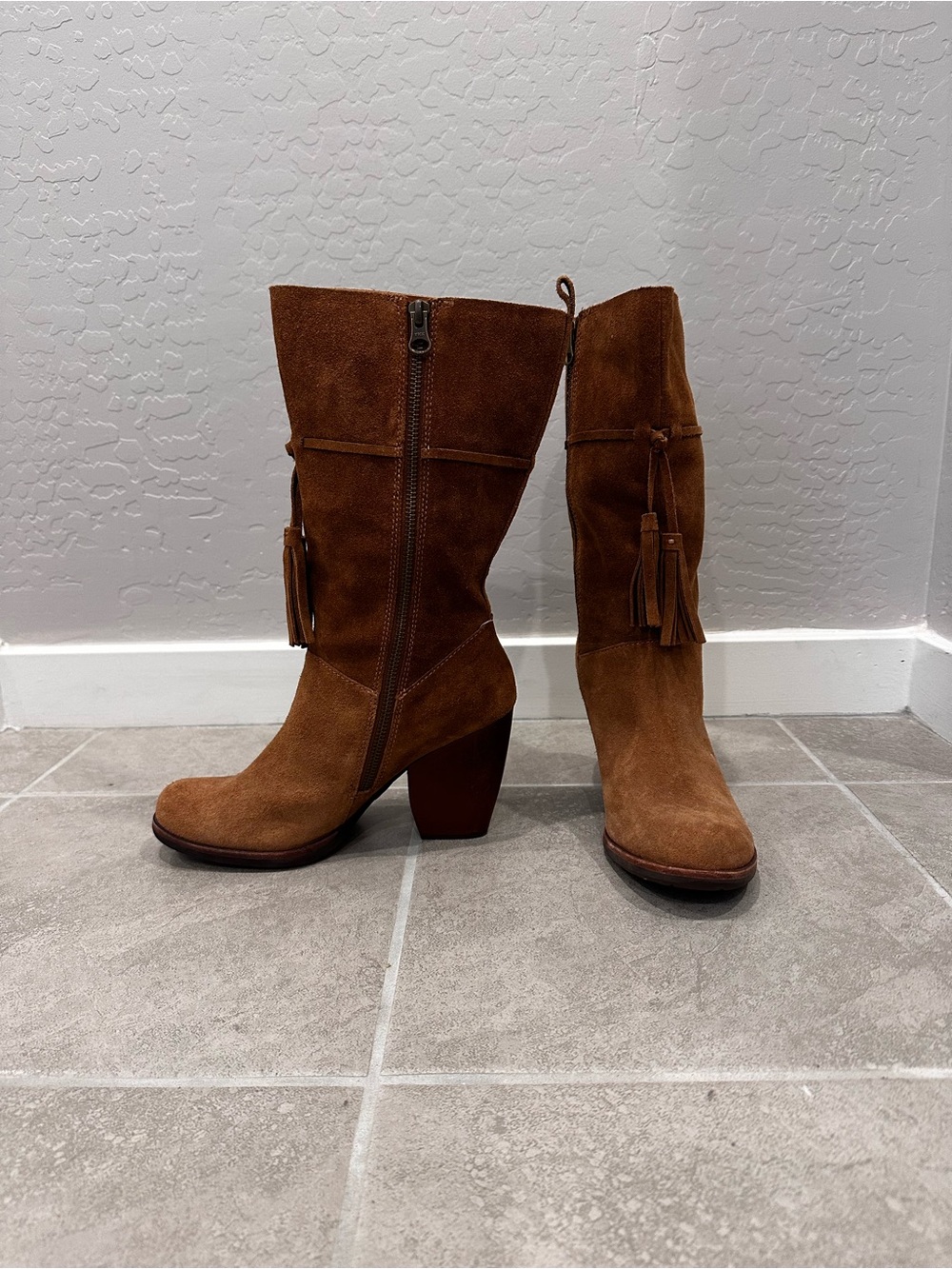 Kork-Ease Brown Suede Mid-Calf Tassel Heeled Boots